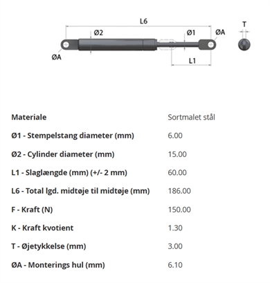 Støddæmper / pumpe - 150N/15Kg. til køkkenlåge, Mikroovns låge etc.